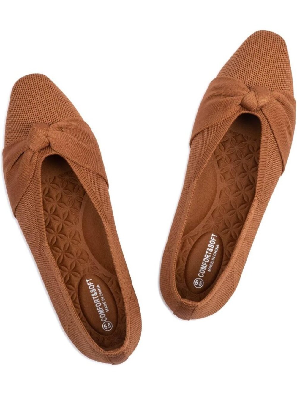 Women's Orange Knit Square Toe Bow Foldable Ballet Flat Comfort For Travel Shoes